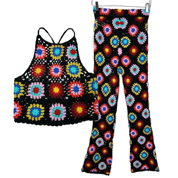 Forever 21 Granny Square Crochet Matching Set Small New Halter Top Flare Pants - Picture 1 of 11